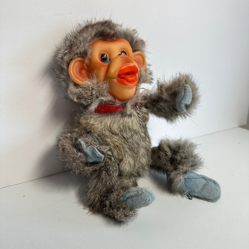 Vintage Monkey Plush Toy Small Gray Real Fur Rubber Face MCM Kitsch Collectible - Picture 5 of 8